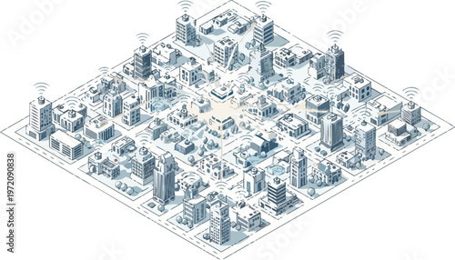 Isometric Smart City Illustration with 5G Network Connectivity and IoT Infrastructure