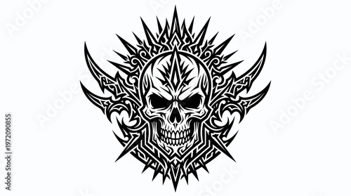 Tribal Skull Tattoo Design with Spiky Ornate Embellishments