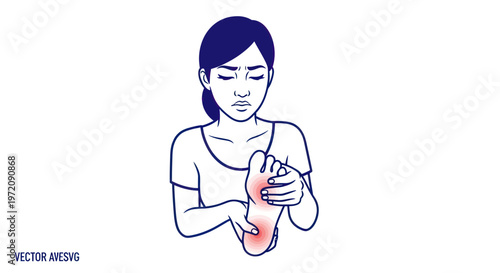 Woman with foot pain, plantar fasciitis, sole discomfort, medical illustration