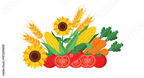 Vibrant Harvest: Sunflowers, Corn, Tomatoes, Carrots, and Wheat Arrangement