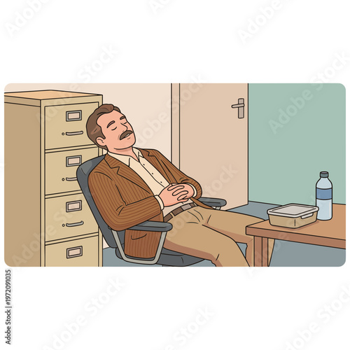 Man Sleeping in Office Chair Next to Filing Cabinet and Desk