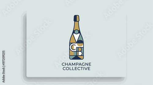 Champagne bottle with label.