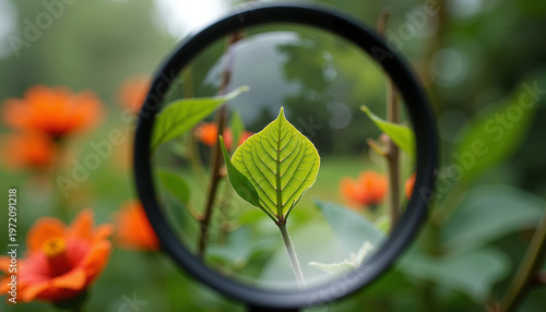 Close-up of green leaf through magnifying glass in vibrant garden  