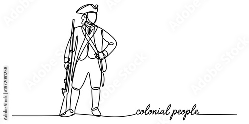 A single continuous line drawing of an american revolutionary war soldier holding a long rifle Vector, illustration