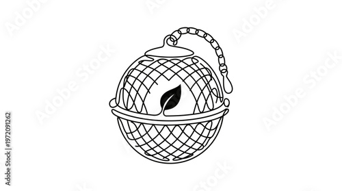 Tea Infuser With Leaf Single Continuous Line Drawing Minimalist Monoline Kitchen Vector Illustration