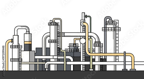 Flat Design Vector Illustration of Oil Refinery and Chemical Industrial Plant Complex with Pipes and Distillation Towers.
