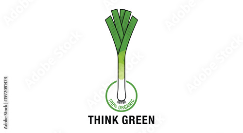 Healthy lifestyle illustration with a tall green leek and think green text emphasizing 100 percent organic farming and nutrition.