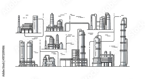 Modern Industrial Plant and Oil Refinery Vector Illustration in Minimalist Line Art Style.
