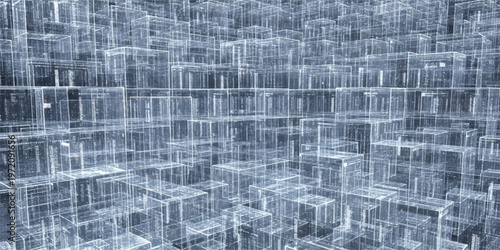 A futuristic digital landscape of interconnected transparent cuboid structures, resembling LED panels or data blocks, rendered in cool blue and white tones.
