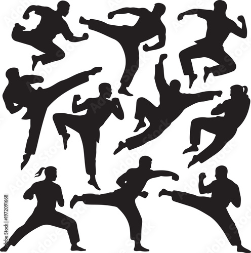 Dynamic silhouettes of martial arts practitioners in various stances and movements