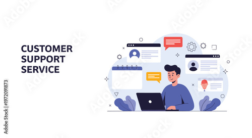 Customer support service concept with a man using a laptop and floating interface icons for profile messages calendar and settings.