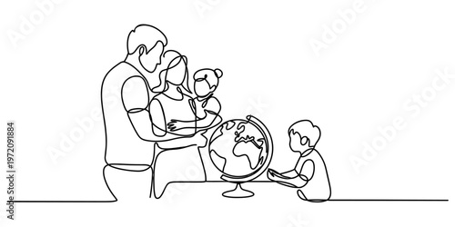 A single line drawing illustration of a happy family looking together at a world globe model map Vector, illustration