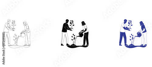  People Watering and Planting Saplings Vector Illustration Set in Line Art, Flat, and Two-Tone Styles