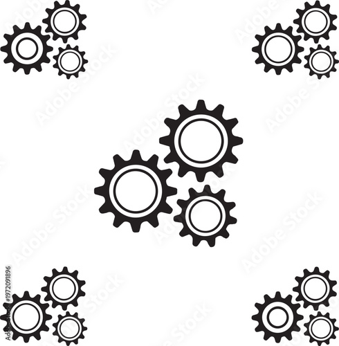 Assorted groups of interlocking mechanical gears in various configurations