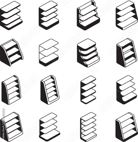 Variations of shelving units in different styles and orientations