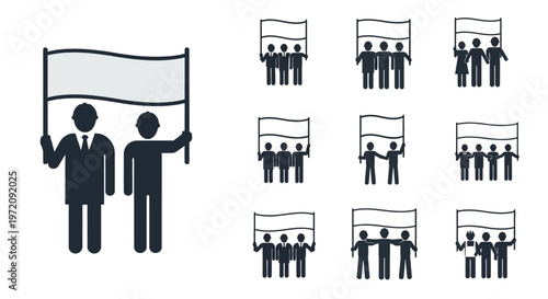 Silhouettes of people holding and waving blank white flags in a grid