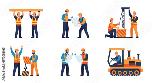 Construction workers collaborating on a project reviewing plans and operating machinery