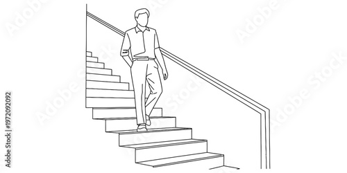 A simple black and white line drawing of a man walking carefully down a set of indoor stairs Vector, illustration
