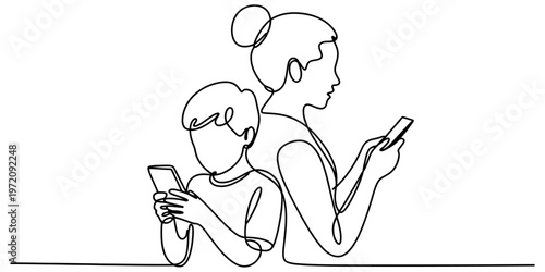 A single continuous line drawing of a mother and her young son both busy using their smartphones Vector, illustration