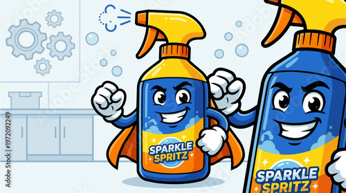 Two cartoon cleaning spray bottles.