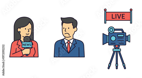 News broadcast team reporter interviewee and camera setup