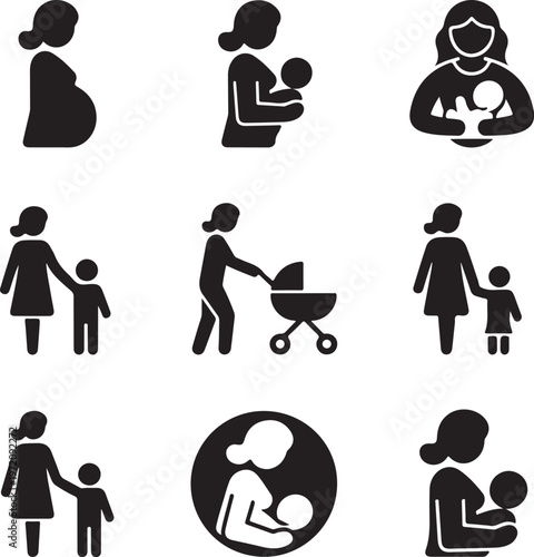 Illustrations depicting various stages of motherhood and childcare activities