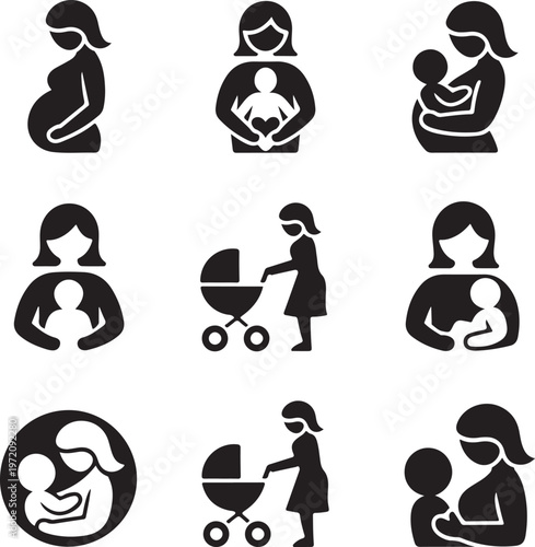 Stages of pregnancy and early motherhood illustrated in icons