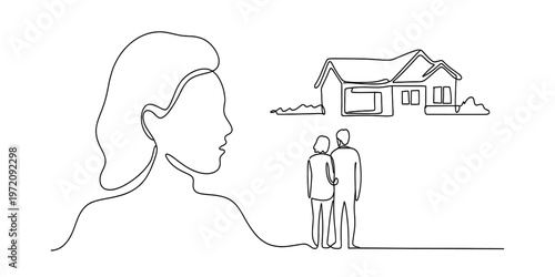 A continuous line drawing depicting a woman dreaming about a happy couple standing near a house Vector, illustration