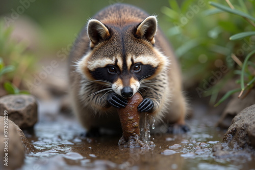 Raccoon drinking water while holding a stone in a natural setting  