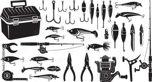 Fishing gear and tackle icons in black and white