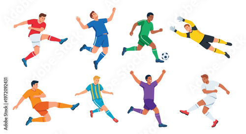 Diverse soccer players in action celebrating and competing on the field