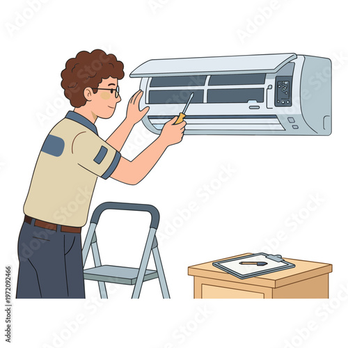 Technician repairs air conditioner on ladder in workshop with tools