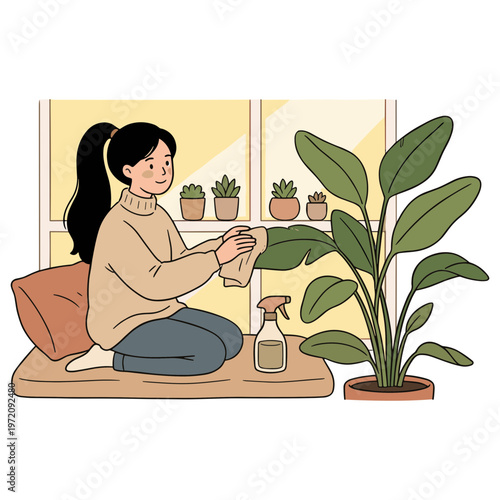 Woman sitting on floor watering large green plant with spray bottle