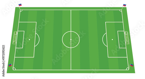 Aerial view of a green soccer field with white lines and goalposts