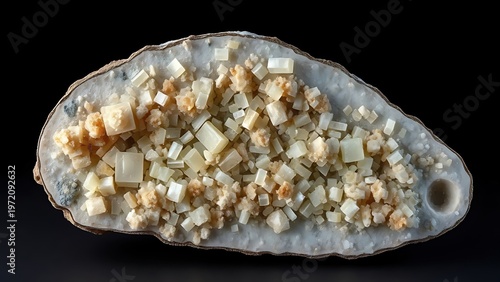  Polished cross-section of a mineral specimen with vari-colored crystals.