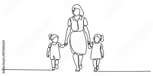A continuous line drawing depicting a mother walking while holding hands with her two young girls Vector, illustration