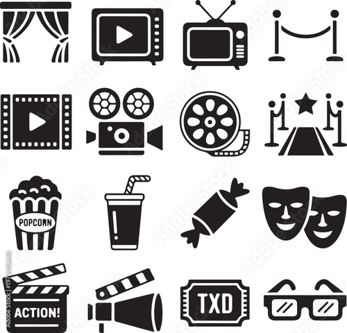 Collection of iconic movie and entertainment symbols in black and white illustration style