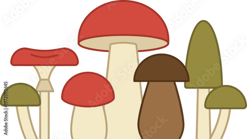 Colorful cartoon mushroom group.