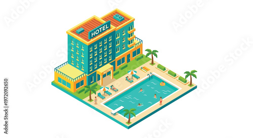 Isometric illustration of a colorful hotel with a swimming pool and palm trees