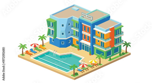 Isometric illustration of a colorful hotel resort with a swimming pool