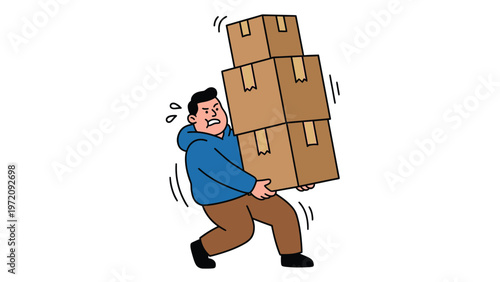 Cartoon Man Struggling to Carry Heavy Stack of Cardboard Boxes; Overload, Stress & Effort Concept