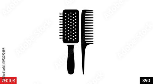 Hairbrush and comb silhouette icons for hair care and styling on white background
