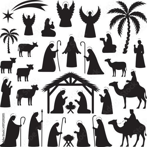 Nativity scene featuring traditional biblical characters and elements in silhouette style