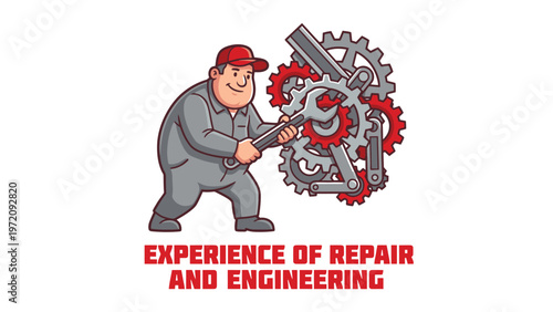 Cartoon mechanic fixing gears with wrench, representing repair, engineering, and maintenance services concept.