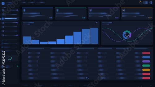 Futuristic dark themed data dashboard animation featuring animated bar charts, line graphs, and loading progress indicators for business analytics interface.