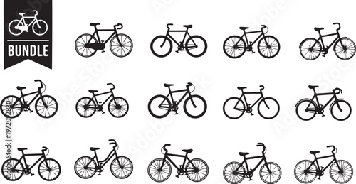 Collection of bicycle icons in black and white bundle