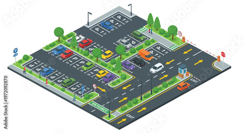 Isometric illustration of a busy parking lot with various colored cars
