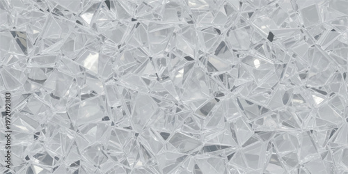 This image presents a close-up, abstract pattern of transparent plastic shards, creating a multifaceted, reflective surface texture with intricate details.
