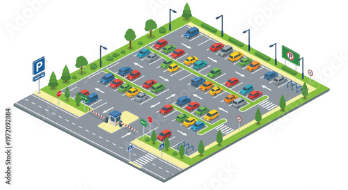 Isometric view of a busy parking lot with various colored vehicles