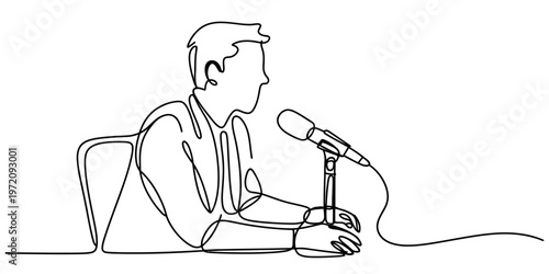 A single continuous line drawing of a person speaking into a microphone at a desk or a podium. Vector, illustration